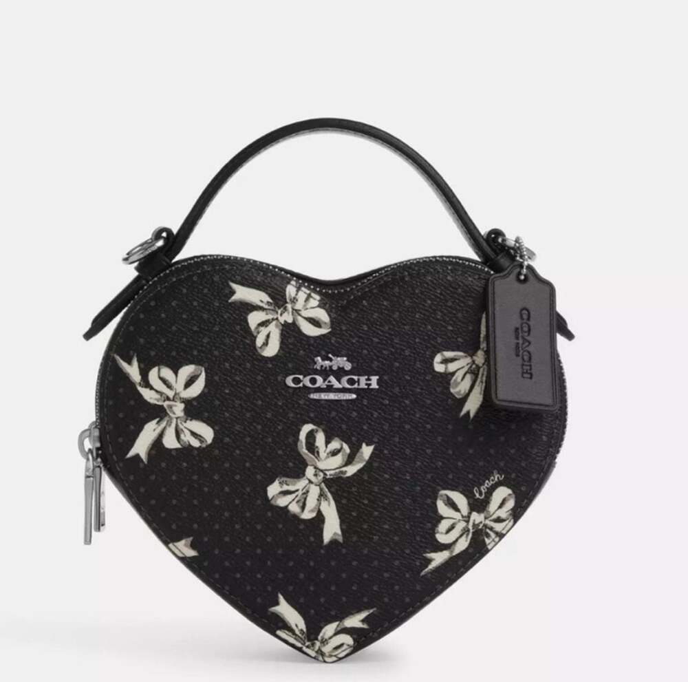 NWT Coach CAA99 Heart Crossbody Bag With Bow Print Canvas&Leather Black Multi